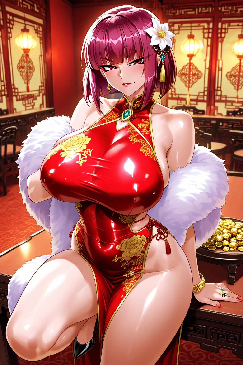 Super-detailed, 8k HD, Hu Tao (Genshin Impact), 1 girl, solo, long red hair, detailed hand and face, busty body, curvy body, big breast, large butt, thick thight, chinese cheongsam dress, standing at the kitchen counter sucking on a lolipop