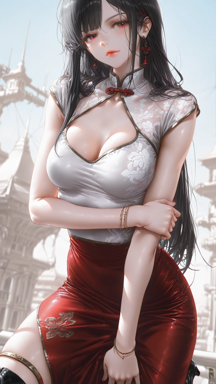 1 female,35 years old,Slim,Very large ,Big breasts and thin waist,Long legs, Solitary,(background:,Cherry blossom forest,Rainforest)running, She has short black hair,Front view, twisted braid cloudy sky,(((masterpiece),(Very detailed CG unified 8K wallpaper),best quality,Light,Detailed background,Beautiful and delicate eyes,Smart pupils,black eyes,Snow-white skin,Red lips(very delicate and beautiful),(Beautiful and detailed description of the eyes),Ultra Detailed,masterpiece,))Facing the camera,high resolution,Ultra Detailed),Nude,bride,Wear the futuristic lace wedding dress,Red color scheme,Gold silk cheongsam