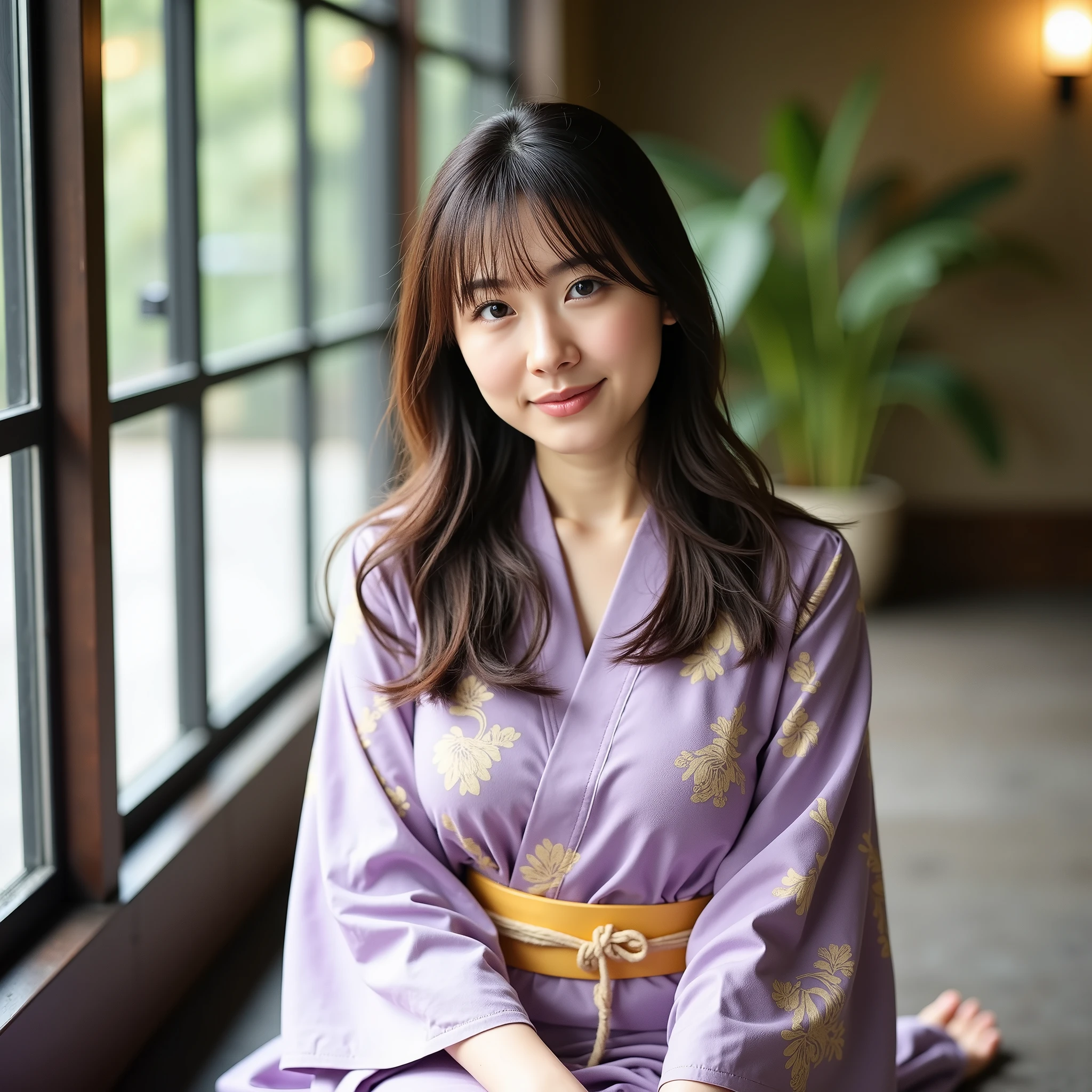 (masterpiece:1.2, top quality), (realistic, photorealistic:1.4), Beautiful Pictures , ( natural light, Movie Lighting), nsfw,
viewers , 1 girl, Japanese, 30Year old girl, perfect face, Pretty Symmetrical Face, glossy skin,
( Long Hair:1.5, straight hair:1.4, Wine Brown Hair ), trendy dressed bangs, brown eyes, long lashes, ( Huge Chest), slender, (Full Body:1.5),( hanging out:1.5),(sitting:1.5),(walliza:1.5)
beautiful hair, facial beauty, beautiful detailed eyes, beautiful collarbone , beautiful body, Beautiful Breasts, beautiful thighs, Beautiful legs, beautiful fingers ,
((beautiful woman wearing a yukata、white yukata 、Light purple pattern 、Barefoot:1.5,)),
( beautiful scenery ), (night:1.5), (An indoor ryokan with stylish clothes ), sitting, (beautiful smile),