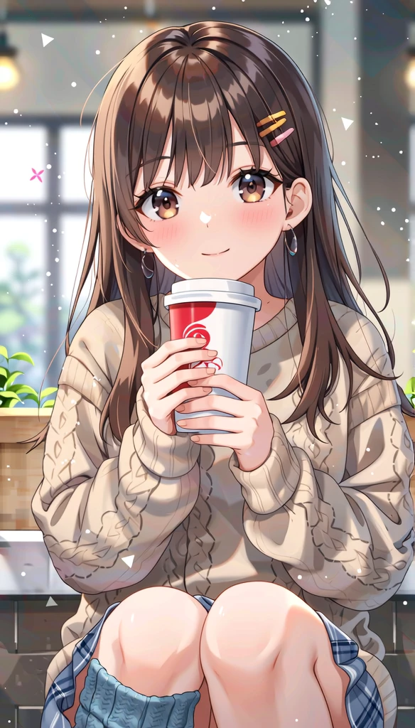 There was a young girl holding a cup of coffee in her hand, girl cute-fice, cute natural anime face, has a cute - pretty face on it, sakimi chan, chiho, Yoshitomo Nara, Young and cute face, Pretty Japanese girl's face, brown hair and big eyes, cute kawaii girls, Beautiful big light-colored eyes