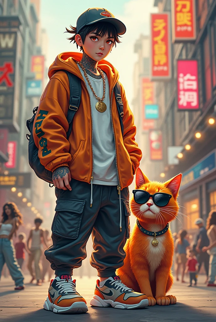 Shin Jong dressed hiphop with orange cat wearing sunglasses holding a cigarette