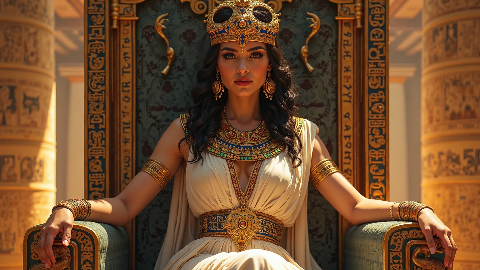 Queen Kleopatra, sexy figur,with elegant facial features, beautiful detailed eyes, beautiful detailed lips, extremely detailed eyes and face, long eyelashes, sitting on a golden throne, pyramids in the background, highly detailed, 8k, hyperrealistic, masterpiece, intricate details, dramatic lighting, warm color palette, cinematic composition, museum-quality