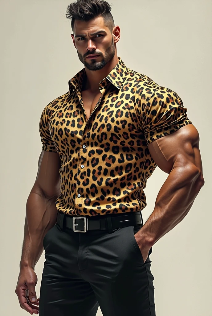 a muscular man, cheetah colour formal shirt, open shirt, folded collar, black colour hair, short hairstyle, handsome detailed face, large breasts, sexy look, looking directly at viewers, tattoos on body, black pants, cheetah tattoo on the centre of the chest,