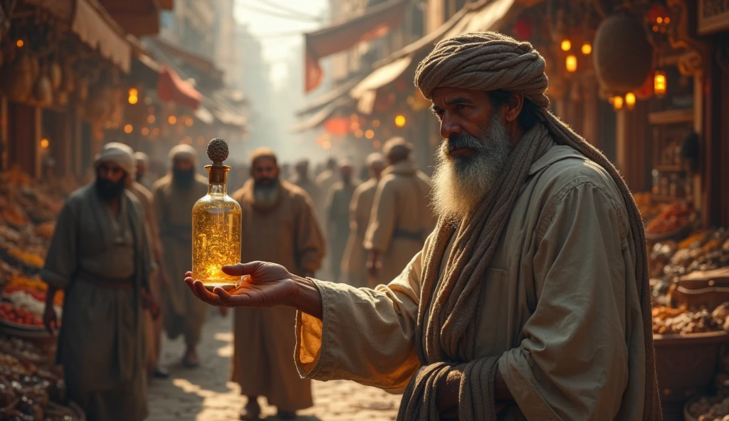 "Traders in a sweaty Baghdad market, Abu Nawas approached while pointing to the dream bottle — philosophical and dramatic atmosphere."