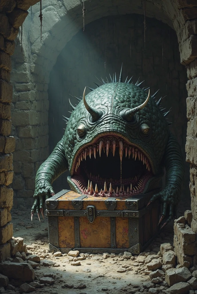 photo and gross, mimic:1.3, wooden chest:1.3, fleshy interior, long tongue:1.3, meat, saliva, TentacleHorrorAI, (extended tentacles:1.21), Sharp teeth, dungeon background, 8k hd, DSLR, cinematic lighting, high quality, realistic photo, (raw photo, Best Quality, Masterpiece, photorealistic, of the highest quality, Maximum image quality, high resolution, 8k, HD:1.2), vibrant,ethereal lighting,sharp focus,ultra detailed,((Extremely detailed 8k unified CG wallpaper)), surreal and dreamlike textures,magical and mysterious essence,unexplored and undiscovered wonders,sculptural and abstract elements,transcendent composition, visual effects, photorealistic, digital composition master class