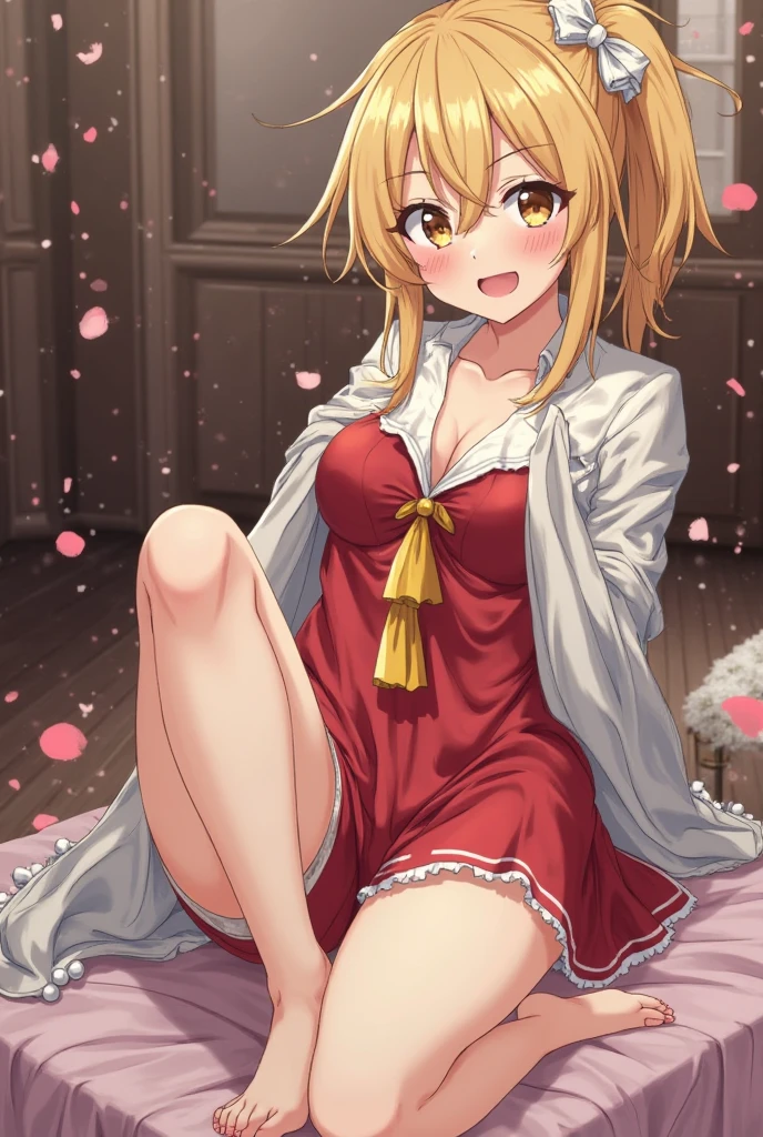 NSFW,((One Man and One Woman,Having sex)),Woman on top,idolmaster,Sakurai Momoka,tiny girl,Lori,short blonde hair,(Beautiful green eyes), small tits,red Idol Costume,Red roses on the head,Smile with open mouth,Top image quality,Best Quality