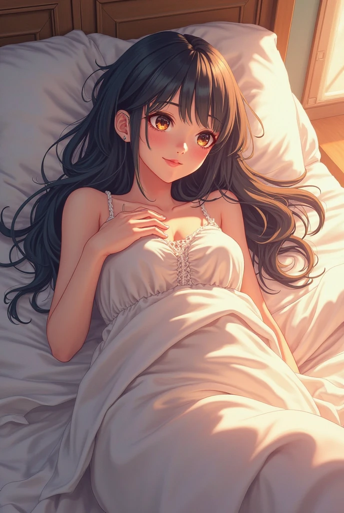 1女高中生Lying on your side in bed,Show your shoulders,Close your eyes,blush,Lip biting,Cover with a towel,Lying on your side in bed,Curved body,High top view,Full body image
