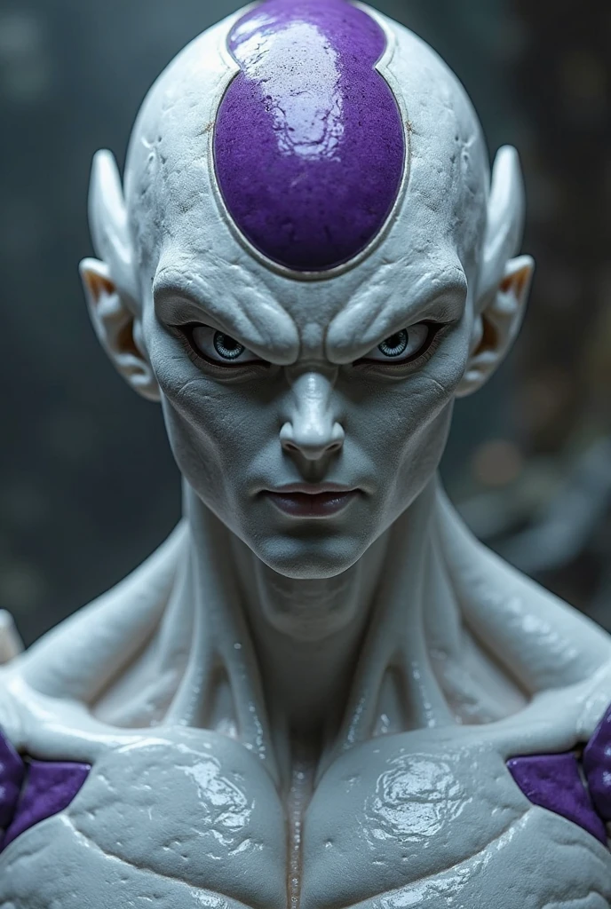 Frieza from dragon ball z that is of average height that has large purple pearls embedded in his head and shoulders that has a planet-killer smile that is white and has a tail