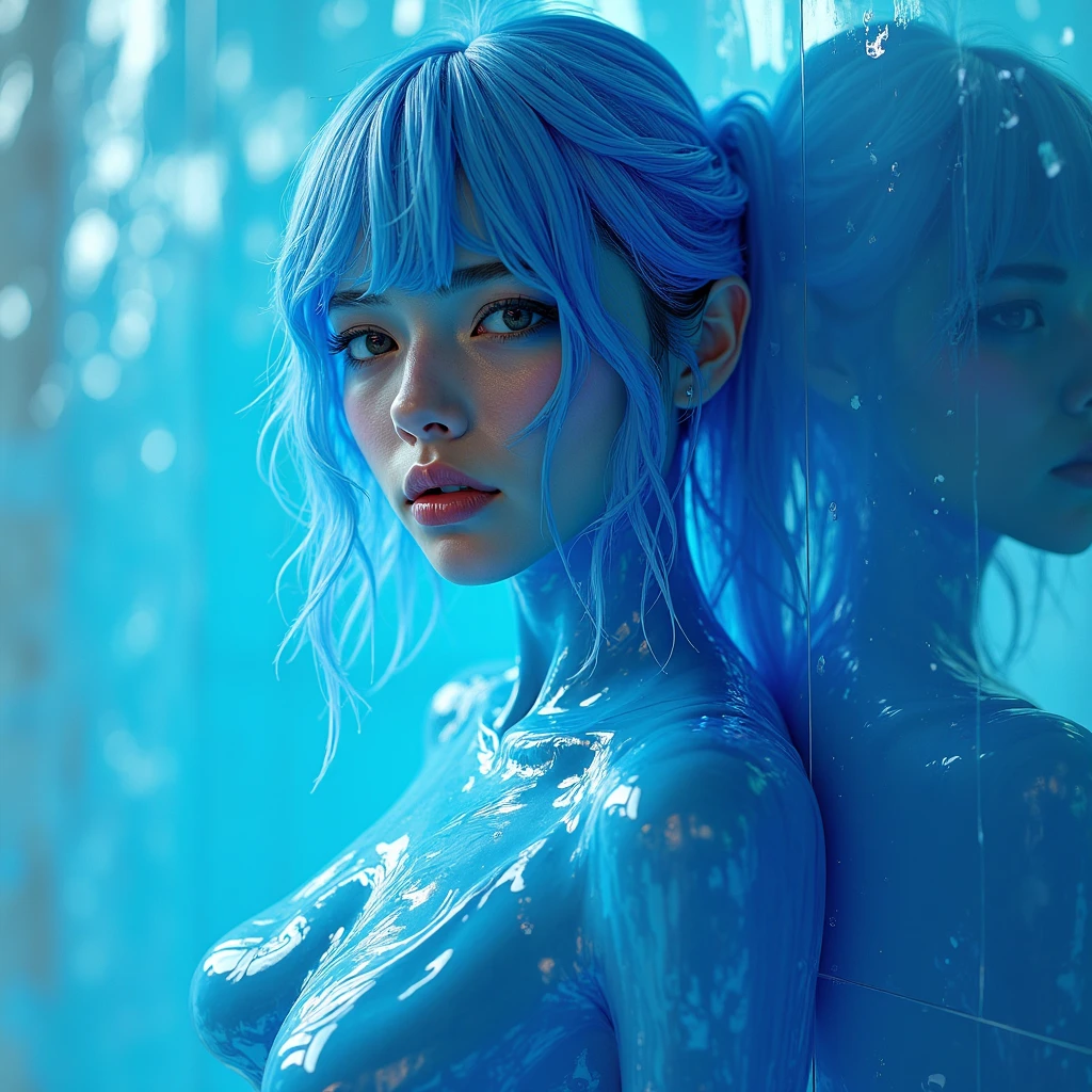 (masterpiece,best quality:1.4),(8k,raw photo,photo realistic:1.2),shiny skin,detailed skin,detailed face,detailed eyes, 1girl,looking at viewer,Japanese idol,extremely beautiful face, (smile), LiquidHair, liquid hair, blue mucus floating around, slime girl, covered in blue slime, (partially transparent), (Wet with water), (blue sweat), Slimy blue liquid dripping from her body. Her hair is also covered in blue slime. blue slime scatters, Blue hair, blue eyes