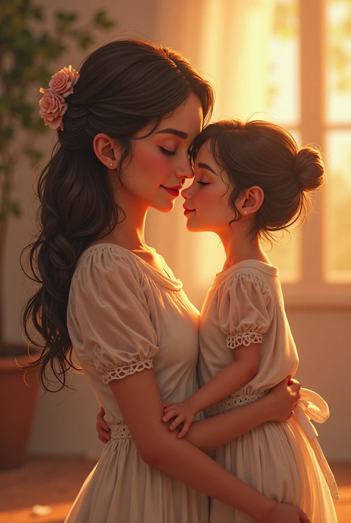 Mother and daughter kissing