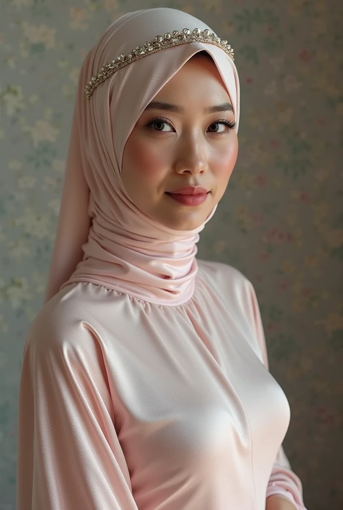 1 indonesia girl, modern plain hijab, shy, medium portrait, watery eyes, pink glowing particles, wearing a malay dress covering the entire chest, pink light bokeh background, well-proportioned body, curvy body