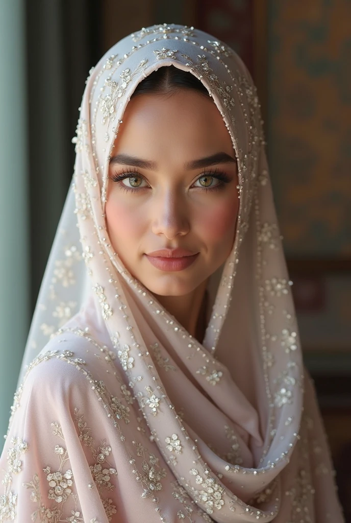 ((best quality)), ((masterpiece)), (detailed), perfect face, a close up of a woman wearing a hijab, large purple diamonds, elegant glamourous cosplay, digital marketing, white powder makeup, nge, soft makeup, romantic dress, cleric, streaming, beautifully ordinated, netting, photoreal details, female cleric, colour led