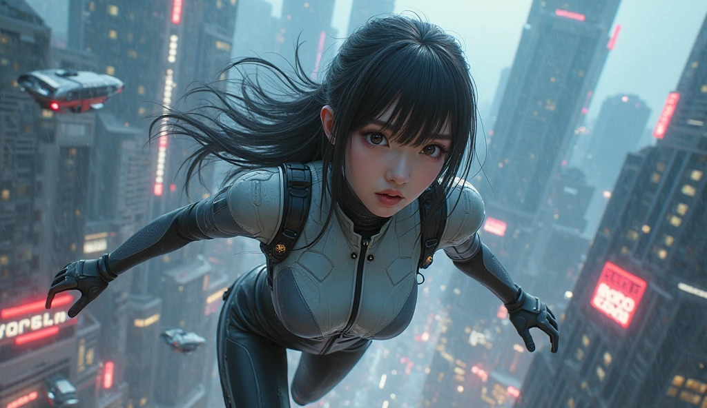 (masterpiece, highest quality), 1 girl, beautiful face, beautiful body,  wearing a Black gymnastics bloomers, High leg、white blouse、jumping off、full body portrait、alone, complex details, enlarged textures, complex details, finely detailed eyes and detailed face, intricate details, (closed mouth), perfect eyes, equal eyes, perfect body, extremely detailed, (), extremely realistic 3d,jumping from a high place、explosionsky