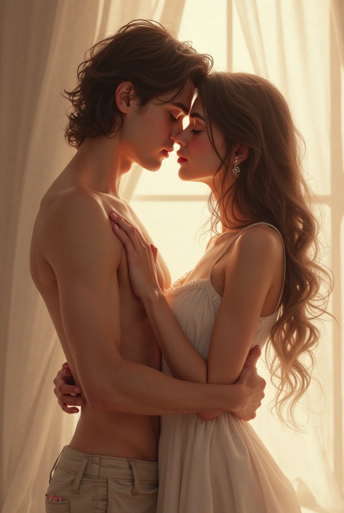 (photorealism:1.2), beautiful woman, big breasts, pink nipples, deep cleavage, with a boy, romantic pose