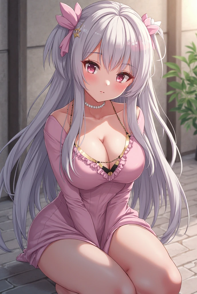 (leaning over:1.4), (masterpiece:1.2, best quality), (real picture, intricate details), 1girl, solo, absurdres, cowboy shot, standing, outdoors, :3, smile, bear girl, bear ears, ((light pink dress)), frills, very detailed dress, white thighhighs, platinum blonde hair, gray blue eyes, long hair, ((red strawberry choker)), smile, open mouth, one fang, large breasts, cleavage, sleeveless dress, arms behind back,