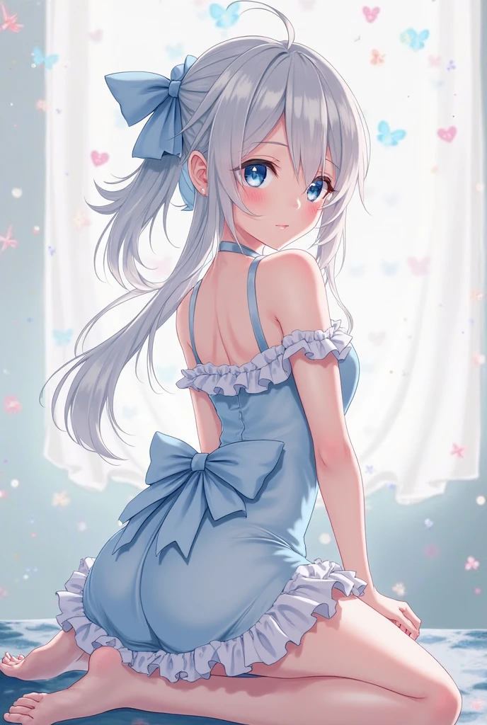 小さなgirl、The arrival of spring、pantyhose、thick thighs、thick thighs、thick thighs、 (alone:1.5,)Super detailed,bright colors, very beautiful detailed anime face and eyes, ,show your butt, shiny_skin,girl, ((silver long hair,Inner color is red 、forehead is exposed.、green eyes、、shiny hair, delicate beautiful face, blush、(turquoise eyes), White skin, Valletta, earrings,、blue flower field、(((Floral pink outfit、white mini skirt)))、twin tails、smile、happy face、face dyed red、crawl on all fours