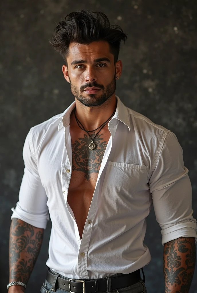 AI design imvu a young muscular man with goatee with “ruy” tattoo and other tattoos bedroom background