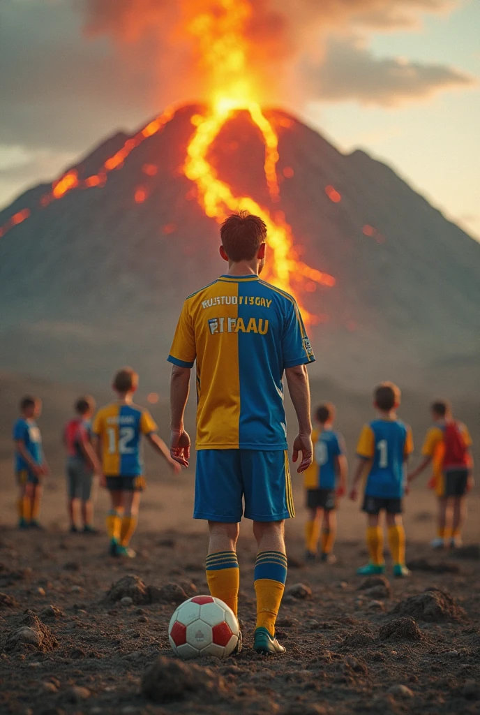 father and son singing the anthem about to start a soccer game image from the front , The two of them in sports clothes ready to play on the same team and the son looking at his father, burning.

 
