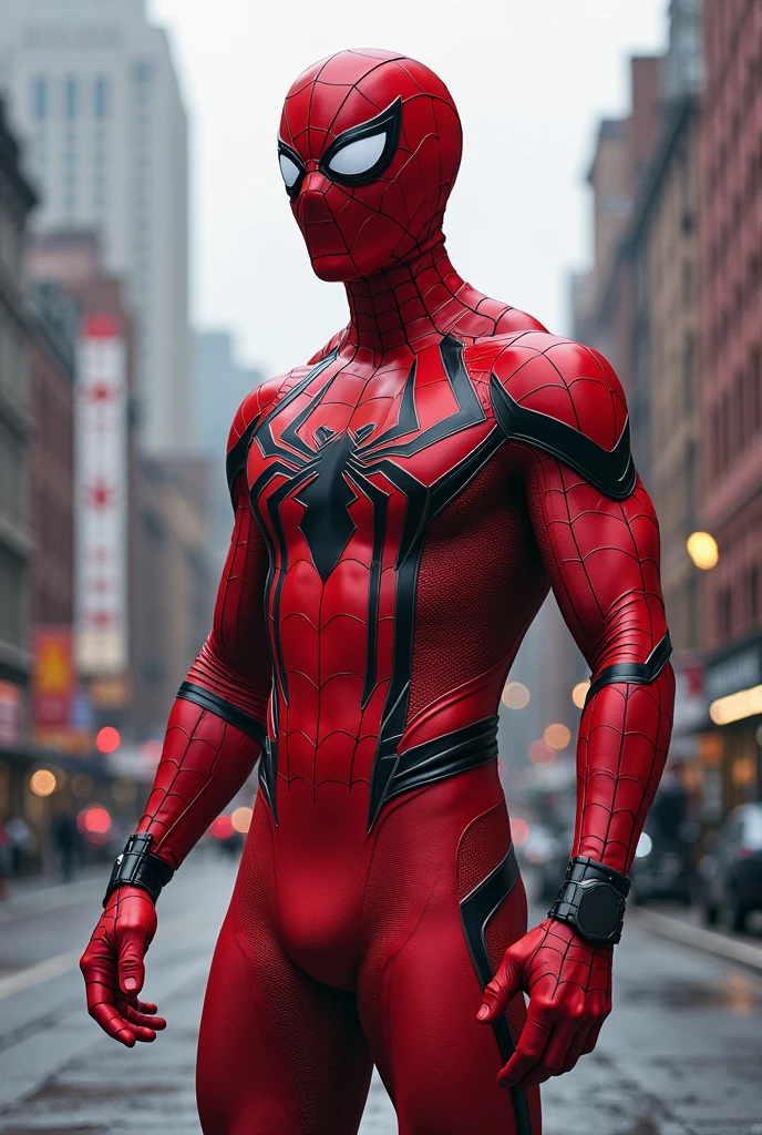 The image features a superhero character, known for his distinct costume that combines red and black colors. He has a stylized spider emblem on his chest and is depicted in an action pose, pointing forward with one hand. The suit is detailed with web patterns and gloves that emphasize agility and strength. The background is vibrant, possibly showcasing a cityscape or urban environment, with bright colors that enhance the dynamic feel of the scene. The character exudes a sense of confidence and readiness for action.