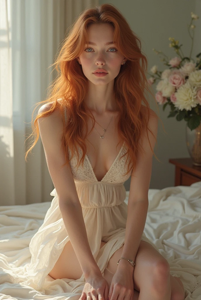 super beautiful naked redhead woman, behind the curtain