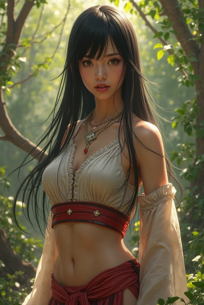 HD wallpaper, 1 Indonesia woman, 19 years old, long black hair, olive skin, smaller head, brown eyes, toned body, medium breasts, hard pink nipple, short sleeve dark red kebaya, cleavage, tight white batik pattern skirt with zipper, cleavage the zipper, masterpiece, ultra HD, realistic masterpiece, blurred forest background, archipelago, sexy and sensual poses, perfect hands, perfect face, perfect details, sharp focus