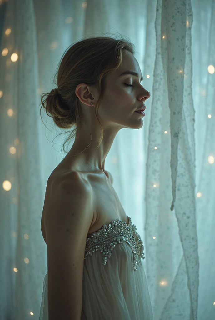 (Extremely detailed Cg Unity 8K wallpaper), Beautiful young woman in the rain, dress, Sitting, full_Body_Shot, Dramatic, The light from the back window is backlighted, Light rays, voluminetric lighting, Detailed face, Highly detailed,