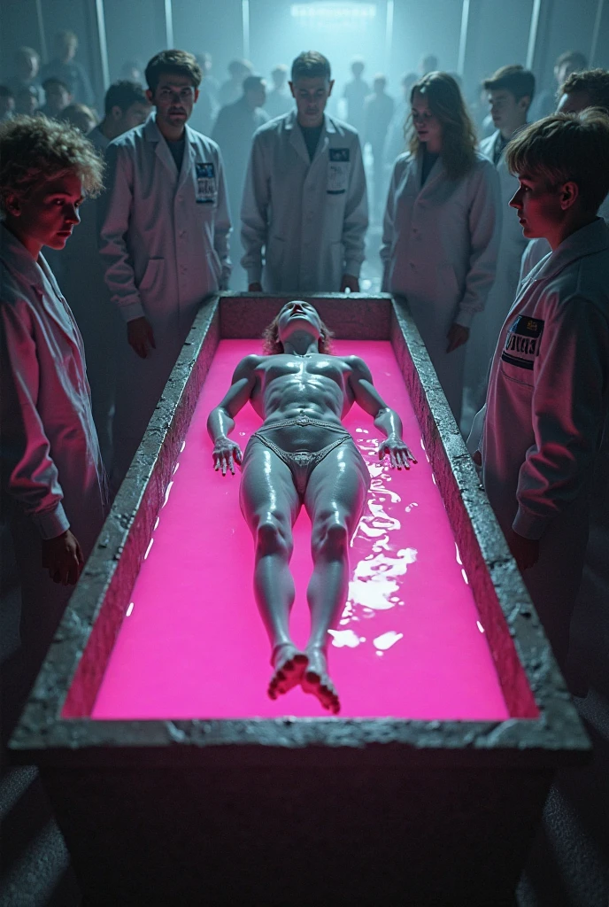 A muscular man encased in a cultivation pod filled with a pale green liquid.、Lost consciousness、Analysis、Display Panel、Bikini pants。
