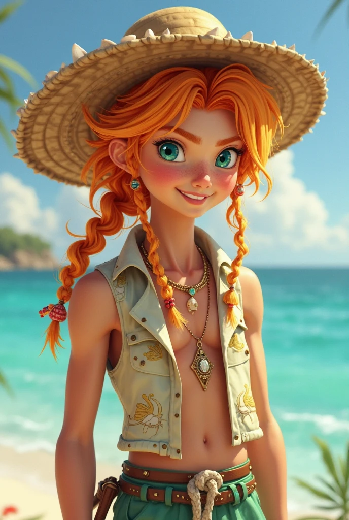 zPDXL2,
Jessiexlp, woman, cowboy hat, green eyes, red hair, single braid, bow, medium breasts, yellow sundress, floral print, looking at viewer, smiling, standing, hands behind back, outside, beach, palm trees, sunset, dusk, 
 <lora:JessieXLP_character:.8>
