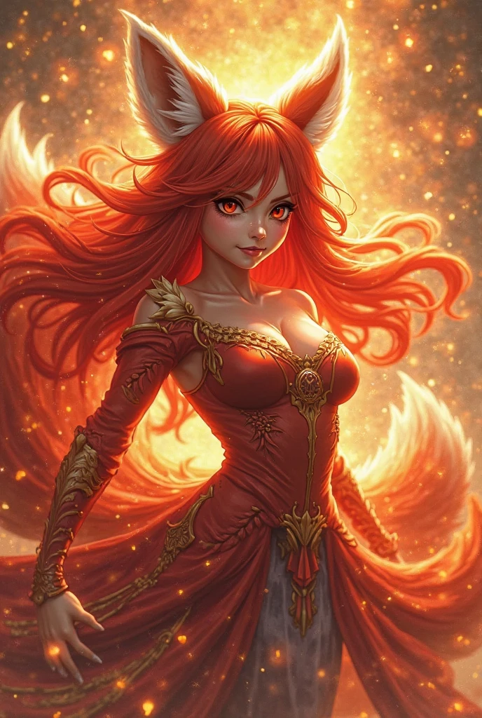 "The spirit of the fox, embodying grace and enchantment, gracefully transformed into a woman with flowing auburn hair and piercing gaze."