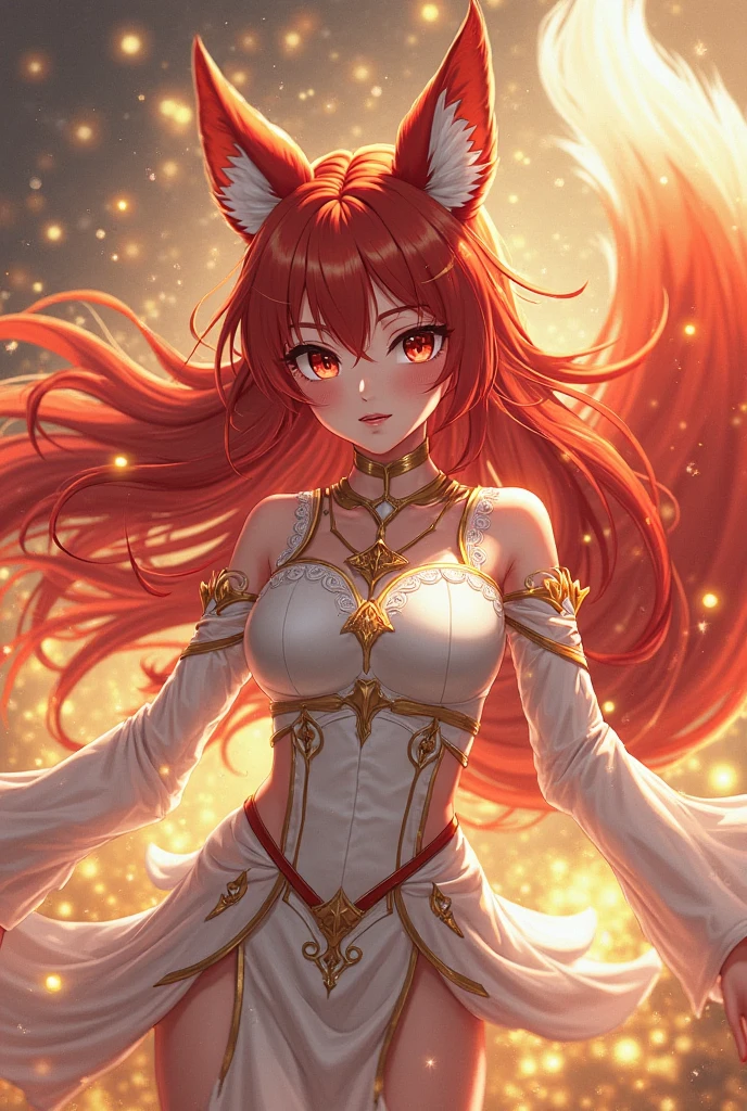A kitsune, a Yōkai that appears as a beautiful man that can shift into a fox spirit. Heappears as an 18 year old. In his  human form, has long, red fox ears and nine golden fox tails has short red hair has one red eye and one golden eye has a small feminine body has canines. He is wearing a white and red robe off shoulders and is wearing a golden bra and black and red stringed panties the strings are being connected by two rubies on each side. Also wearing an anklet. 