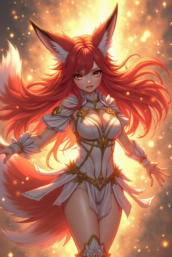 masterpiece, (photorealistic: 16.9), best quality, beautiful lighting, outdoor,female, young Nordic female, adult, sexy, thin, tall hells (ulzzang-6500:0.5), (red hair)+(long hair)+(bangs)+(curly tips), yellow eyes, golden eyes, ((ringed eyes)),not explicit, strategic censorship, thighs, outdoors, forest clearing, full moon, clouds, night sky, wolves, large chest, full body, detailed face,  smile, RAW photo, 8k uhd, film grain, four, looking back, body set bench, vine leaves, beautiful young woman, torn clothes, millo venus