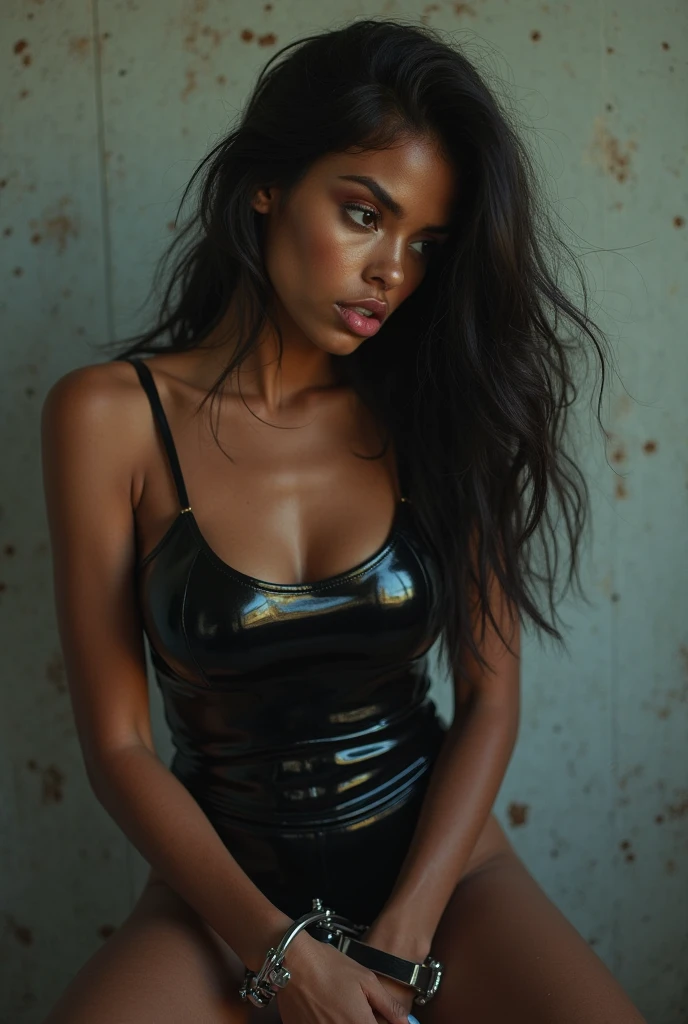 Woman in a low-cut black latex dress, posing for a photo in the studio, full body photo A beautiful woman, Latin face, supermodel, stunning beauty, Brazilian and Angolan descent, the most beautiful woman in the world, jaw-dropping beauty, young adult aged 30. She has an exotic beauty, a tall woman, a black woman, mixing African and indigenous features, a unique mixture of indigenous, African and European ebony, her beauty is unique, undeniable, a beautiful young black woman with dark skin. His hair is black, like darkness and dense as the night, curly black hair, voluminous and shiny, long curly black hair. His eyes are green and expressive, beautiful eyes, realistic eyes, detailed eyes, ultra-realistic, symmetrical, hyper-realistic, (eyeliner, long eyelashes), intense and penetrating look, seductive, mysterious and charming look, look of magnetism, attraction and fascination. * Eyebrows: Perfect eyebrows that arch gracefully above the eyes and are thick. * the nose is small and proportional to the face and the soft contour of the face that accentuates the high cheekbones. *Mouth: Attractive and irresistible mouth, well-defined lips, full lips, voluminous lips, seductive lips, captivating, striking, unforgettable, mischievous, sexy, your features are captivating, seductive expression, a seductive smile is enigmatic *Face shape: O the face is oval, with high cheekbones and a well-defined chin, a beautiful and detailed face. *Makeup: Makeup is subtle, but highlights natural features. Skin tone: Olive skin, healthy and even glow, with olive skin, dark skin, sexy girl with olive skin, detailed skin texture, beautiful and glowing skin, intricate details, smooth skin, healthy and radiant appearance. *body: attractive and slim woman, medium bust, athletic, thin waist, wide hips, big butt, thick thighs, shapely legs. A woman posing for a full-length, sexy and dynamic photo. Tight black outfit, black bodycon dress, short black dress, sexy black dress.