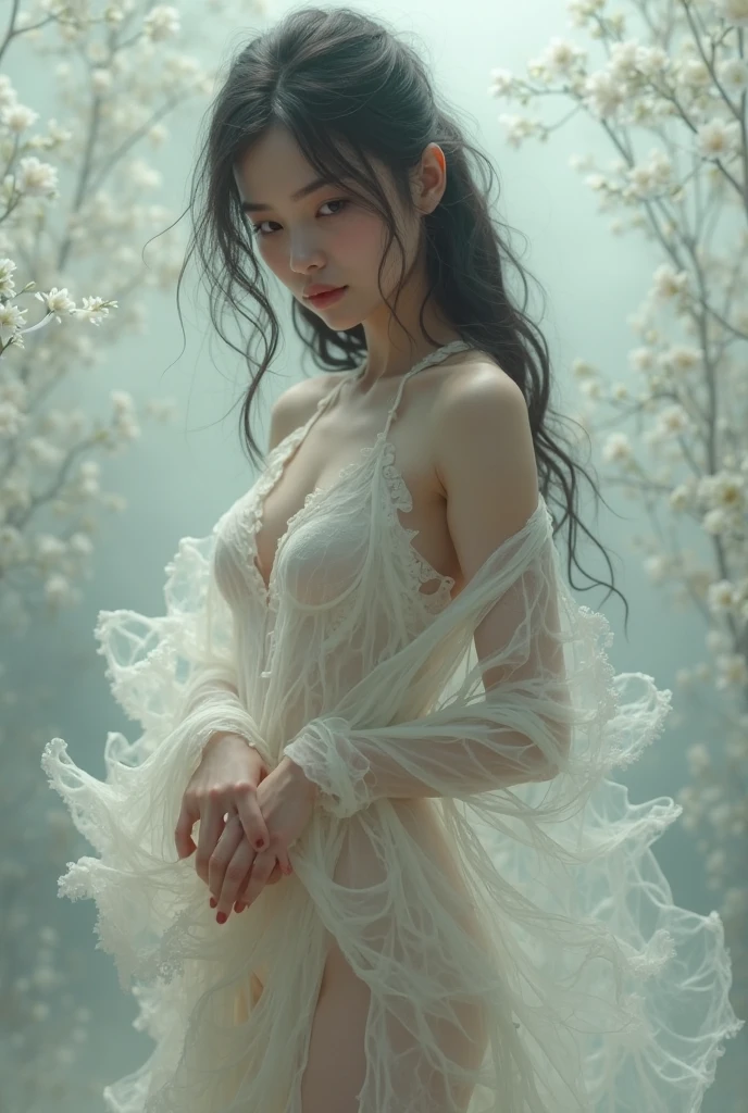 (best quality,8k,highres,masterpiece:1.2),ultra-detailed,realistic girl,skinny body,highly detailed,detailed skin,hyperrealistic,soft lighting,wet and thin white dress,wet and thin ,dark background,full body