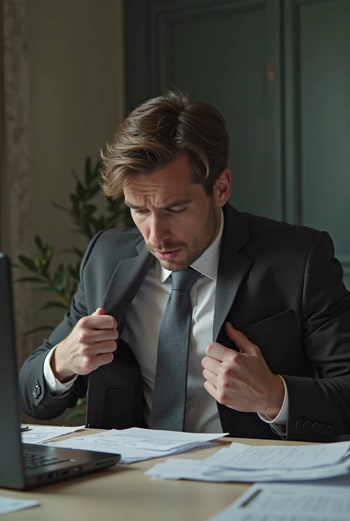 a man sitting looking at the computer, in an office pulling his tie, stressed, angry, upset, dissatisfied, very expressive. photo realistic, realistic, 4k, cinematic,