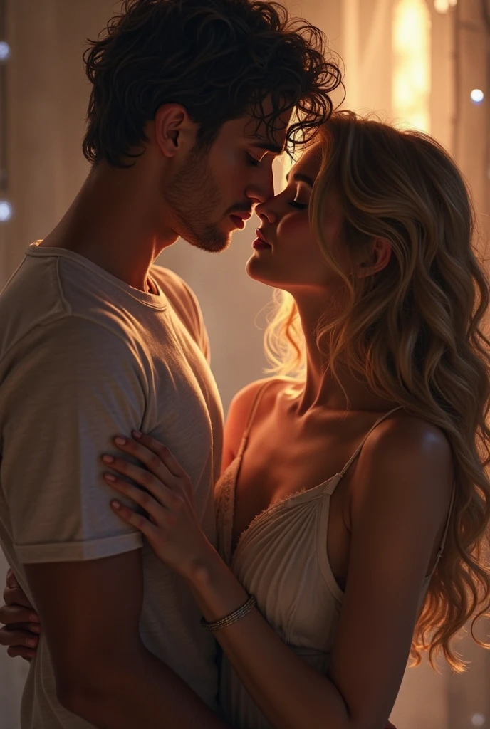 A sensual 30 year old woman, with an attractive dress, is passionately hugging a 19-year-old boy under a shower. The scene conveys a warm connection between the two.