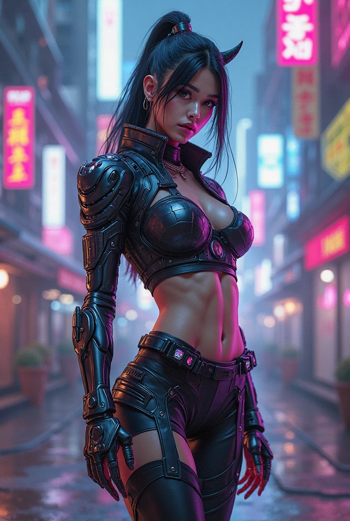 Unbeatable masterpiece, Ultra photo realsisim, Perfect Artwork, Intricate details, Best Quality, strong lights,High contrast,((Post apocalyptic futuristic Cyberpunk , outline):1.35) , ((masterpiece)),((Extremely detailed)) , ((extremely detailed and beautiful face)) , Smoky makeup, Perfectcomposition , intricate detailes , neon light , neon trim, (full body Esbian:1.25) , (Official art) , Very delicately beautiful cyberpunk girl, long black colored hair blowing in the wind, vibrant purple eyes, long detailed eyelashes, huge enormously gigantic , cleavage showing, wearing highly detailed futuristic hooded battle armor, tons of tattoos and piercings(1girl:1.3) , Solo , (glass screen:1.2) , (Clear glass) , Tindall Effect , Colorful refraction , visual impact , (High light contrast) , Colorful , Melt , (Cyberpunk:1.2) ,(flinch :1.4) ,