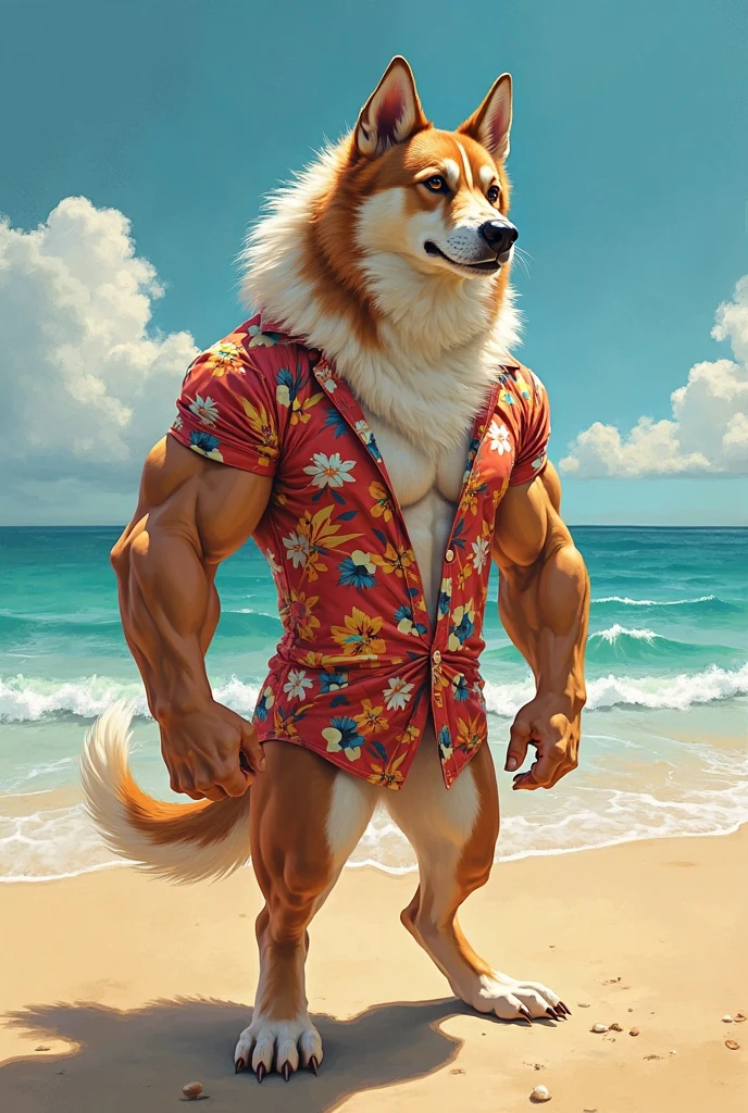 male furry dog Labrador (fat red knotted ?????), full body, standing on a deserted beach