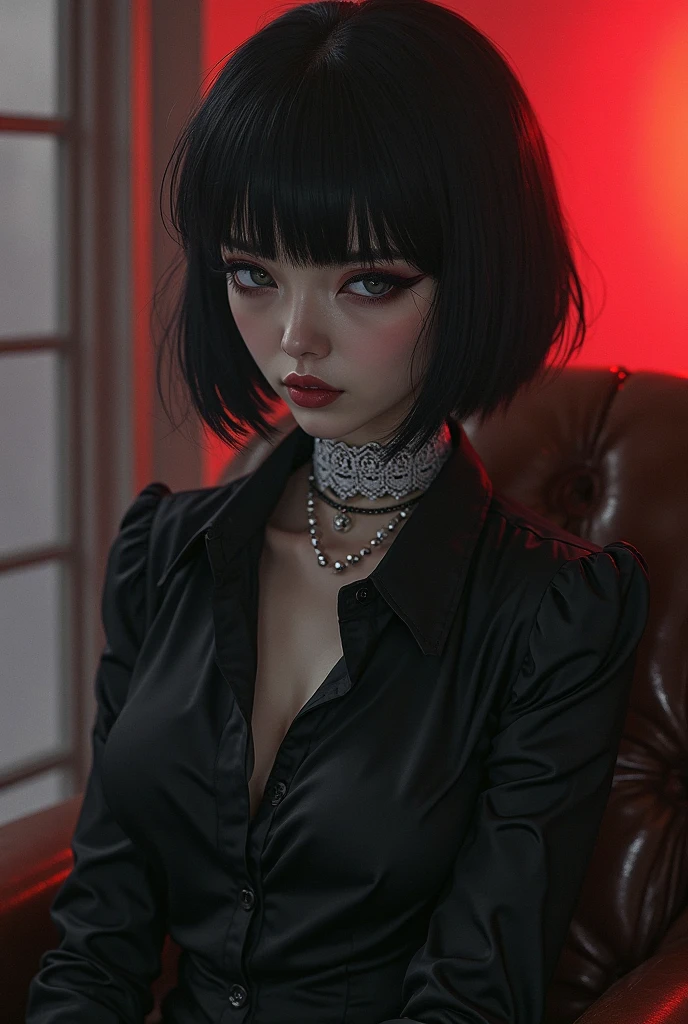 (NSFW:0.5), (highest quality,High resolution),(realistic:1.37),dark,goth,woman, eye,detailed face,black clothes,bob cut black hair,straight bangs,pale skin,red lipstick,intense expression,mysterious atmosphere,gothic background,thin dark lighting,night,Bright colors, fishnet, topless, whole body, on her hands and knees, Obedient girl, thick thighs, Impending deepthroat, Cumshot pose,
