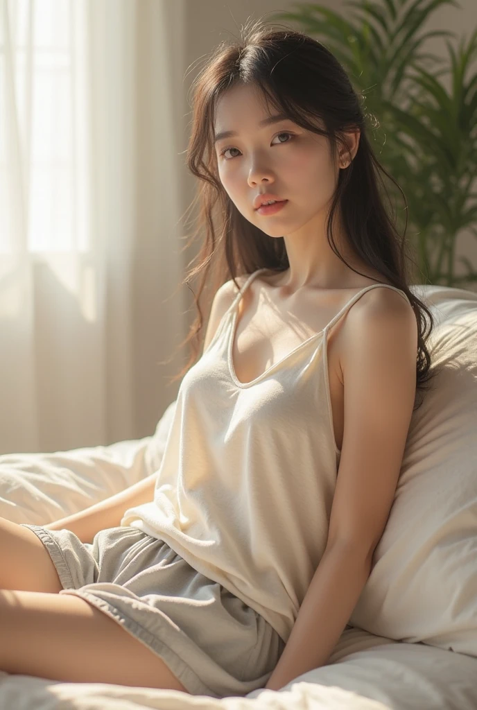 (((best quality))),(((very detailed))),(((masterpiece))),illustration,((1 beautiful girl, College student,alone)),((slim,thin, huge breasts)),(long straight hair:1.2),(tank top with straps:1.2), studying, books, dormitory, Summer Afternoon, sky, gloomy shadow, bed, Wooden desk, bookshelf, Soft and warm light, lamp, soft light, Almond-shaped eyes, textbooks, fancy, Beach, city, vacation, laugh, pen, emphasis, notebook, date, leg stretching, A cushion, portable fan, soothing breeze, summer heat, herbal tea, thirst, potted plants, greenery, vibrant leaves, cozy atmosphere, a firm expression, excel test, Summer Vacation, Intellect, crystal, achieve the goal,((sit on the sofa,arms back,spread legs,in front,whole body))