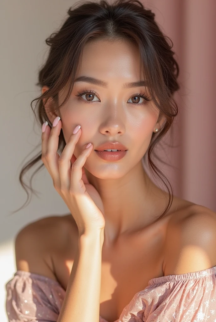 ,,,,,,,, imagine a woman with , ela tem pelos corporais preto with bangs, Black Hime Body Haircut, , korean, with short body hair with bangs, with short body hair, dilraba dilmurat, garota korean cruel, hairstyle with bangs style, with bangs, korean symmetrical,,,,,,,,,,,,,,,,,,,,, close-up makeup style shimmery blue eyeshadow complements her peach blush and vibrant light pink lipstick skin has a flawless, radiant finish with lighting that accentuates her makeup and natural beauty.. perfect smile, white teeth,,,,,,,,, (fully body),,,,,,,,,,,,,,,,,,bridal makeup, using a soft and romantic palette from Avon. The skin is velvety and flawless, with a light touch of pink blush on the apples of the cheeks. The eyes are softly smoky in shades of pink and brown, with elongated and delicate eyelashes. The lips are a natural pinkish tone, with creamy finish. Lighting should be soft and romantic, enhancing the perfection of the skin and the brightness of the eyes.",,,,,,,,,,,A highly detailed and realistic image of a woman wearing luxurious lingerie, elegantly placed on a velvet chair. The scene is reminiscent of a Playboy magazine photo shoot.., with soft lighting that highlights the textures of the fabric and the contours of your body. the lingerie is a delicate lace, accentuating her curves, while the background is a rich and sophisticated living room environment. is reclining with a confident look, capturing the fascination and sensuality of the moment."Ultra-realistic image of female hands with perfectly sculpted fingers, featuring gel nails painted in a classic color like dark red. The nails are meticulously detailed, with cover