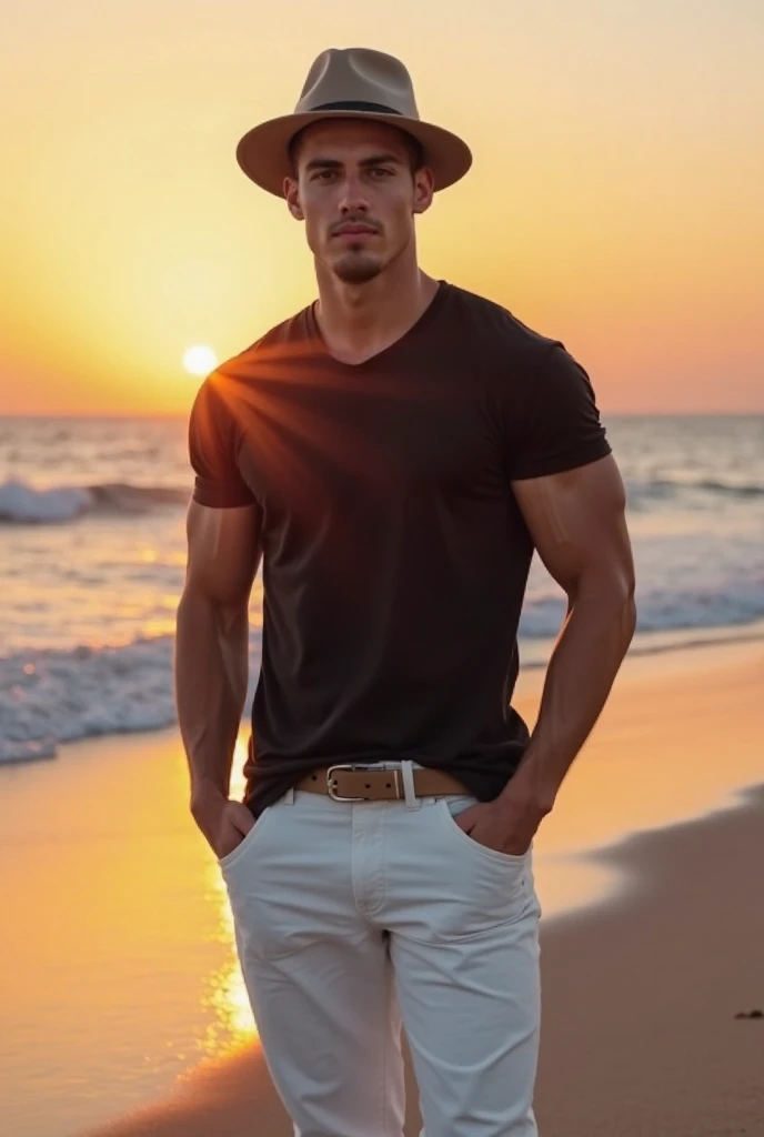Hot shirtless white tan sweaty masculine country boy teen wearing a white cowboy hat on beach standing in pristine short skin tight white  running shorts accentuating the big bulge in his dick and balls in his crotch. He has fluffy straight brown hair and a clean shaven look along with a sharp jawline. The white shorts really accentuate the protruding bulge in his shorts from his penis. His hairy legs stand tall in the sand, supporting his skinny teen 1 boy body. He lacks facial hair, but his jawline makes up for it with how sharp it is