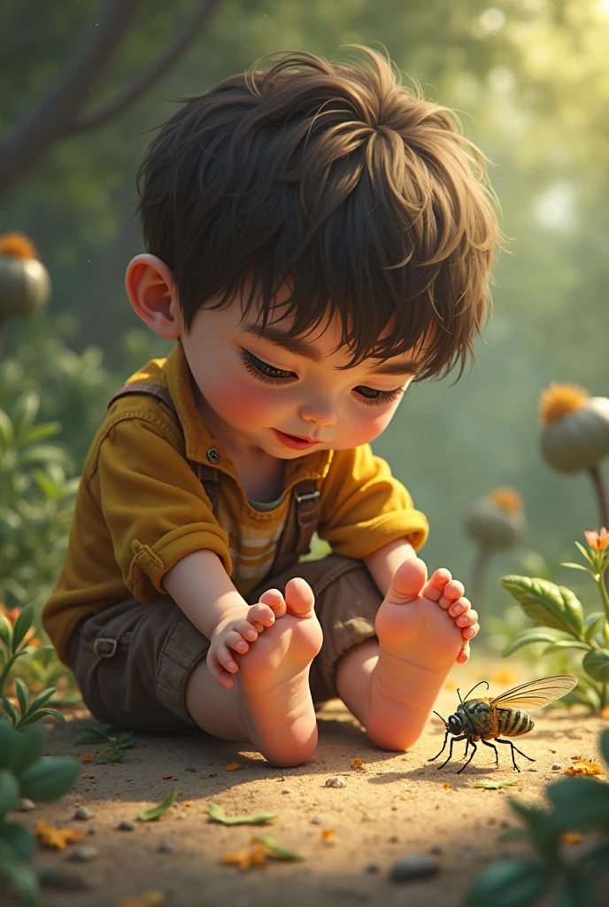 A boy resting, under the immensity of the sky, watching the flowers move and the insects fly by, on a plain