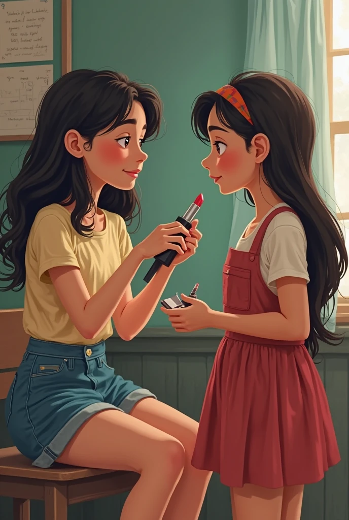 Two Vietnamese girls are sitting and talking to each other., 1 leg up chin resting on leg, 1 girl holding phone taking selfie. 2 girls quickly looked at each other with mischievous smiles