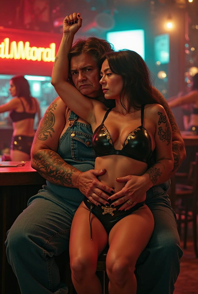 photograph of a young latin woman, con parecido a Dakota Fanning, Brown hair, lleva puesto una falda corta de mezclilla, there is a fat man who is tattooing