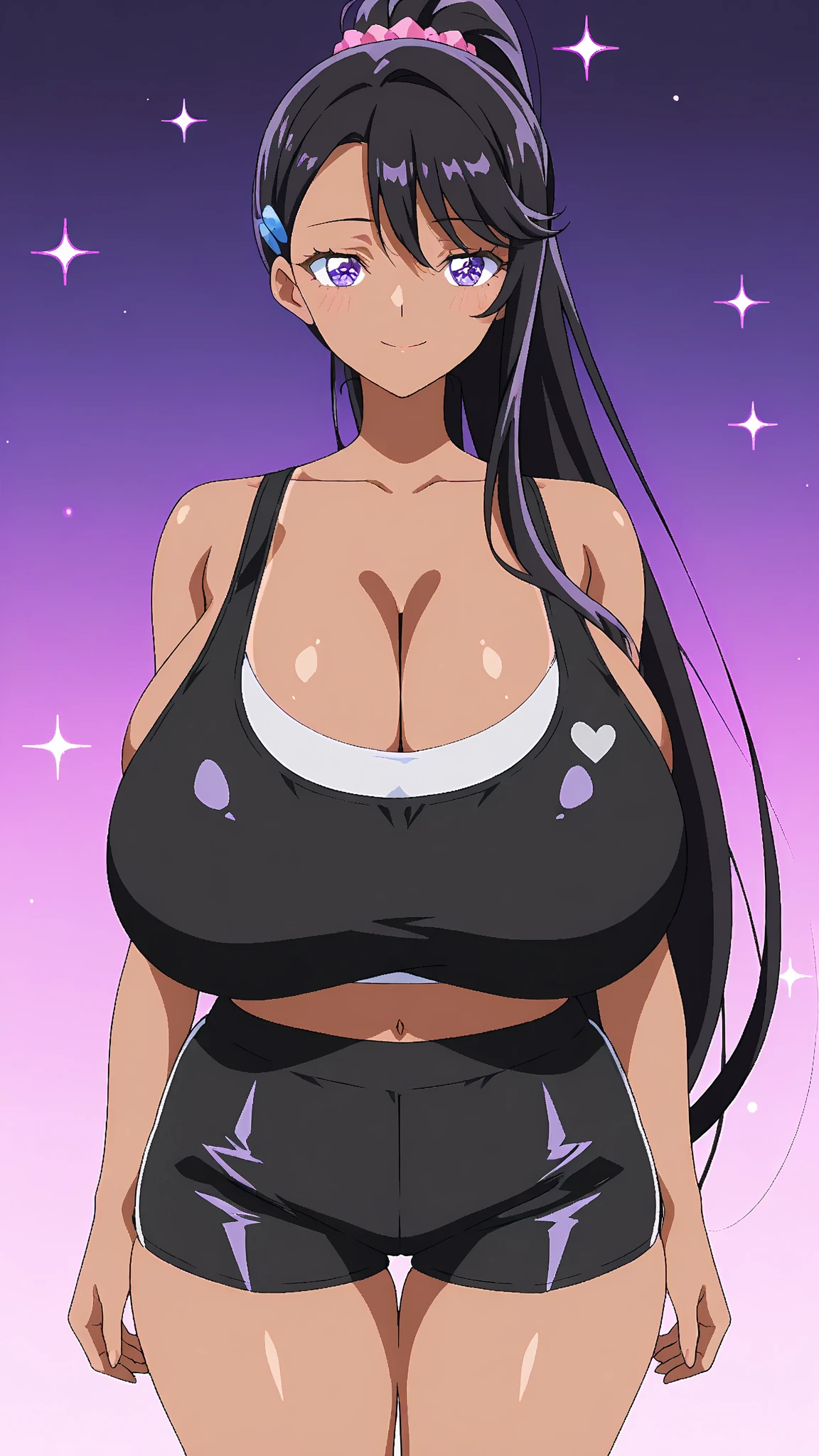 Highschool dxd, Akeno Himejima, 1girl, (((bimbo))), dark long hair, purple eyes puffy lips, painted lips, thick lips, wide hips, thick thighs, big breast, huge ass, revealing cleavage, erotic, Smile face, bubble butt, Black outfit