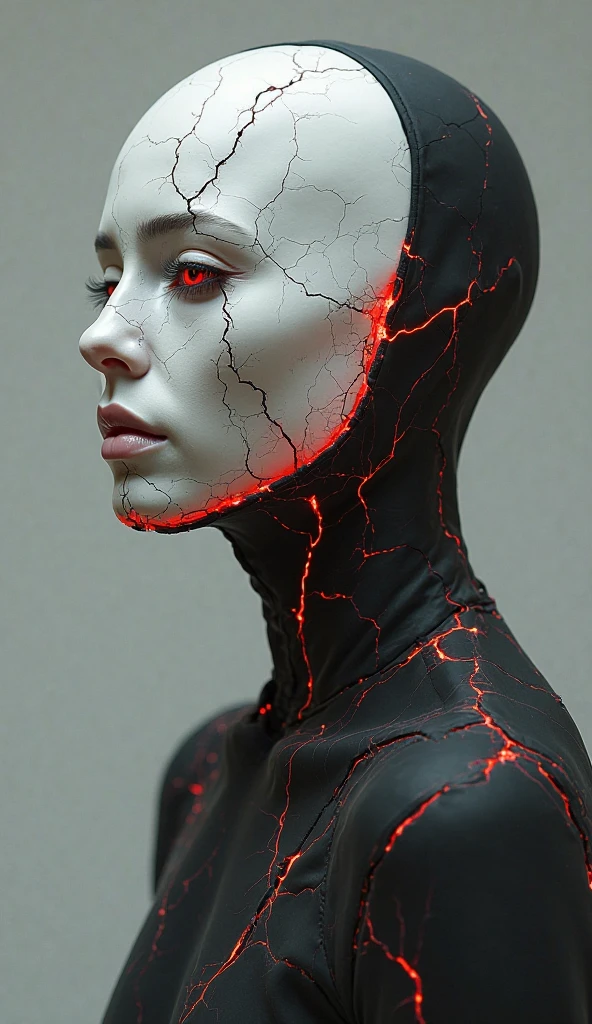 very attractive 25 year old girl with long platinum blonde hair, a woman face on a cracked surface, portrait of an android, fractal human silhouette, realistic 3d render, black and red, subject made of cracked clay, woman, made of lava, unsettling, dark, spooky, suspenseful, grim, highly detailed , UHD, HDR