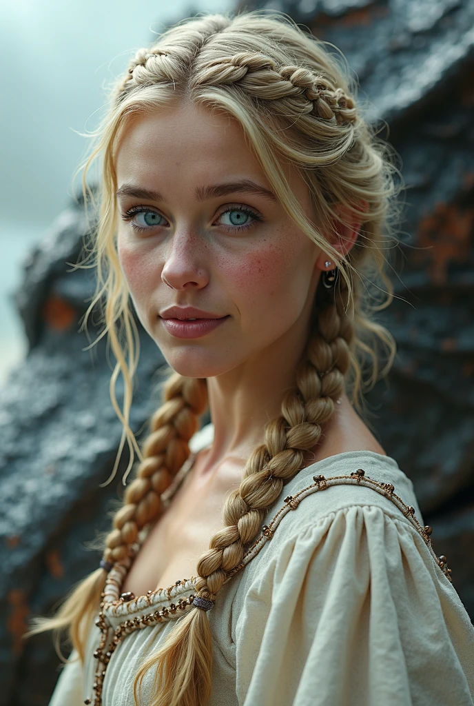 close up portrait of Lobelia Latini as a gorgeous 18 years old fantasy prostitute, pale blonde hair, big single long braid, fantasy prostitute nice fabric clothes, intellingent look, enticing smile, in a big medieval city, (backlighting), realistic, masterpiece, highest quality, lens flare, shade, bloom, [[chromatic aberration]], by Jeremy Lipking, by Antonio J. Manzanedo, digital painting