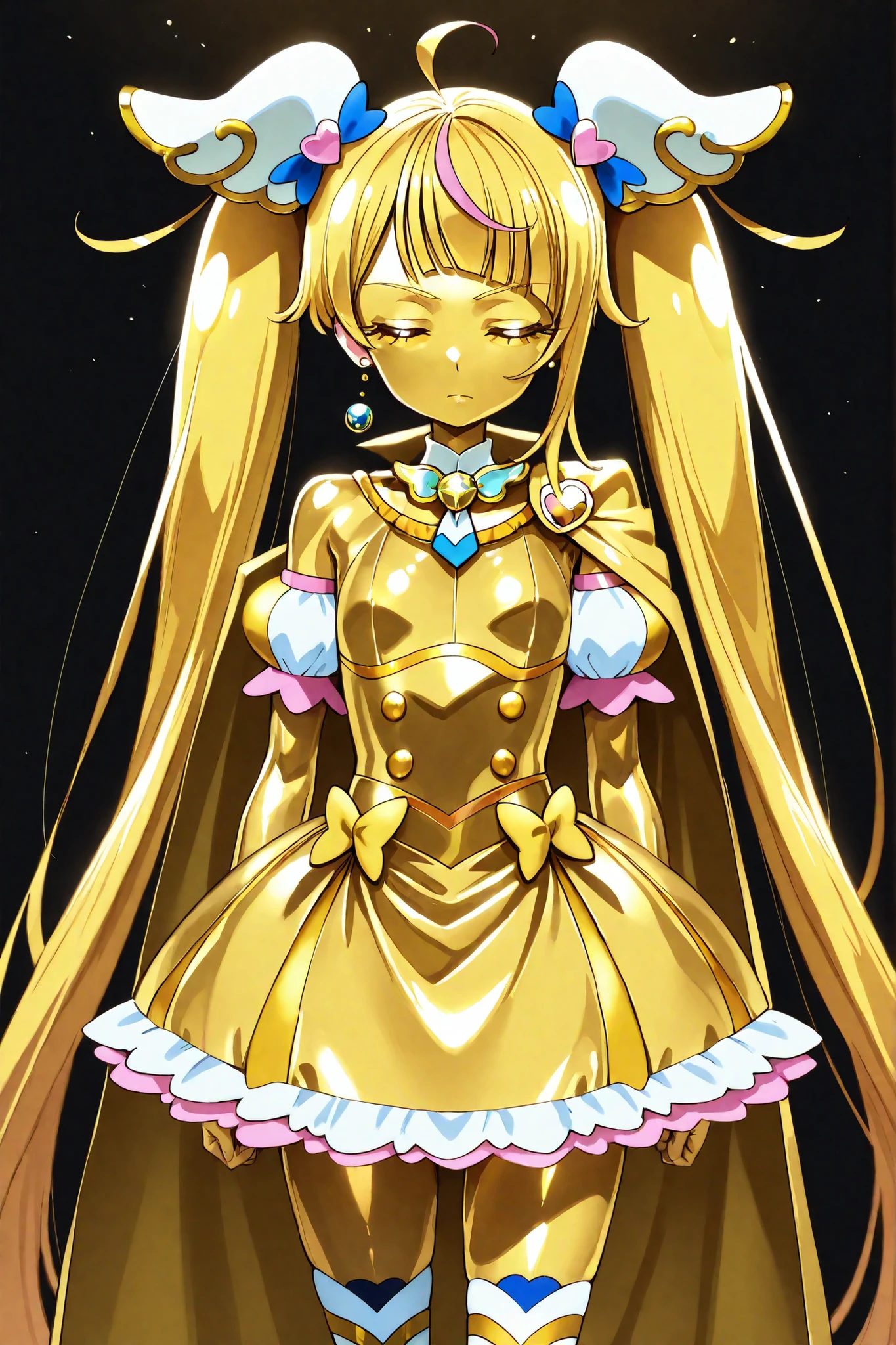 Cure Sky, masterpiece, best quality, Newest, very high definition, closed eyes, yellow hair, yellow sclera, closed mouth, No students, Yellow skin, glossy skin, metal skin, Black eyebrows, Slanted eyebrows, 1girl, solo, cowboy shot, standing, dynamic, watching viewers, sleeping, Serious Expression, black background, Hands on Her Hips, Gold_butterfly hair ornament, Long Hair, Gold_Knee Socks, 太ももまで長いKnee Socks, Magical Girl, Gold_skirt, under skirt, hair ornament, Gold_gem, Gold_gloves, Gold_Twin Tails, Gold_ribbon, golden hair ornament, Gold_cloak, metallic outfit, Everything you wear on your body is gold