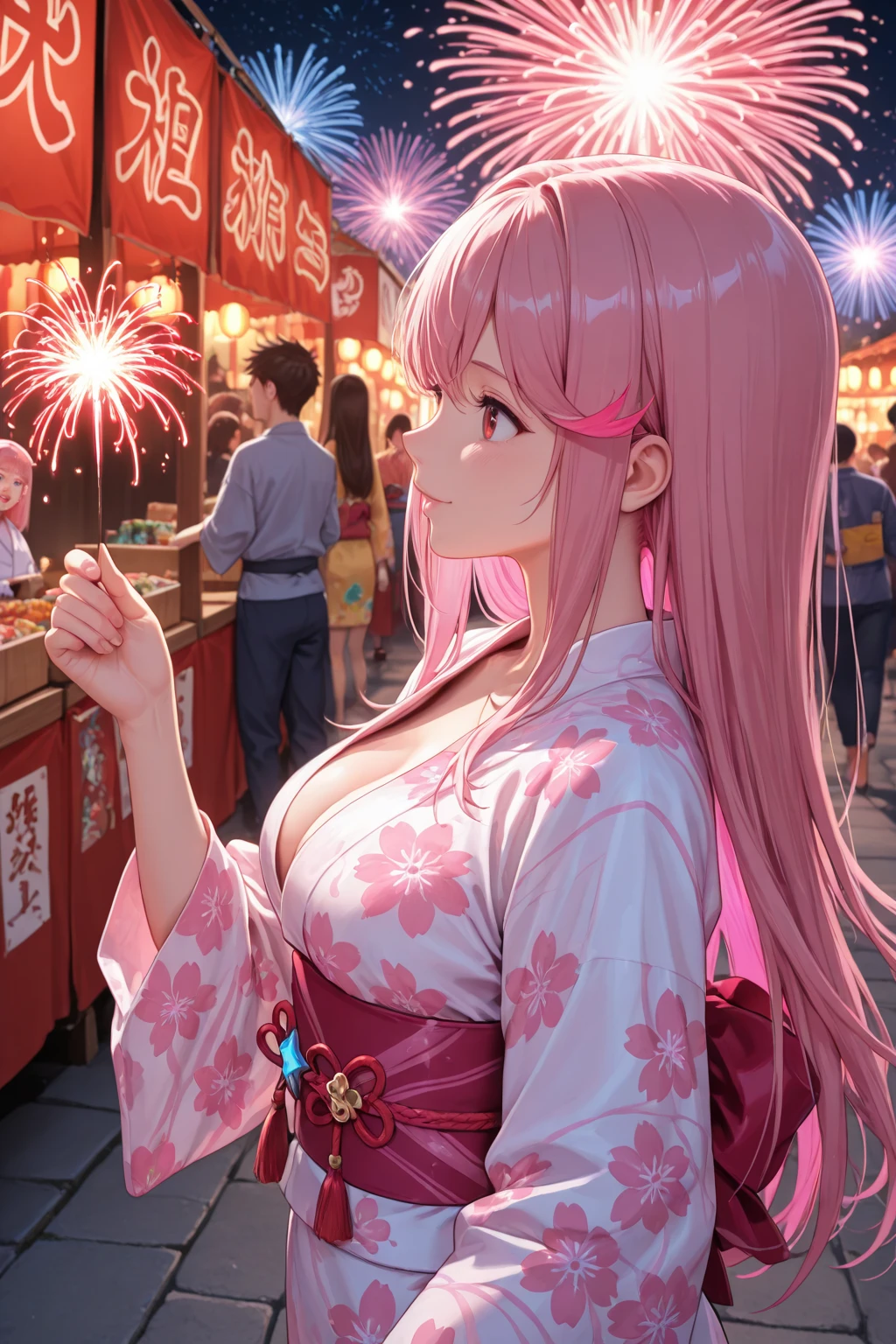 (8K, masutepiece, Best Quality, Official art, Breathtaking beauty and aesthetics, A highly Beautiful detailed, beautiful lighting, The best masterpiece in history that exceeds limits:1.2), (1 Girl, solo), (16 years old), (Beautiful detailed face), (shiny white skin), (Beautiful big bust, cleavage:1.3), (thighs,), (Beautiful detailed pastel pink twin tails hair, bangs:1.3), (beautiful detailed drooping pink eyes:1.5), BREAK, (Beautiful detailed pastel pink cute Yukata, Flower pattern, black obi:1.3), (Beautiful Luxurious Diamonds Tiara), (happy smile), (Attractive, Look at the camera, cute pose, siting), breathtaking scenery, (ultra detailed realistic beautiful night sky, colorful various fireworks:1.2)