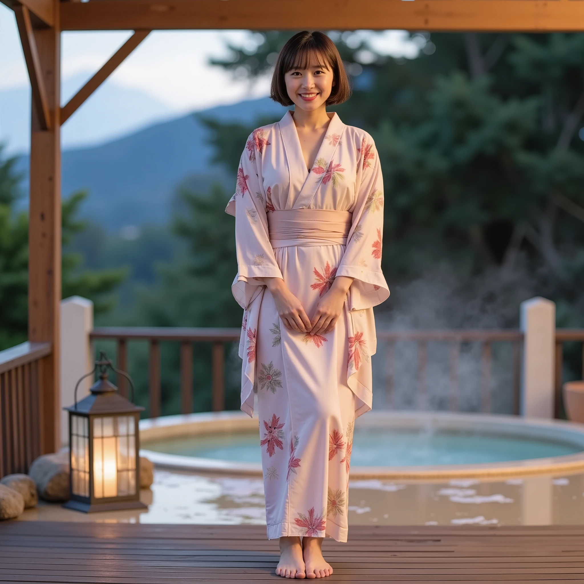 beautiful, A feminine woman with short hair, brown hair that is soft enough to hang over her shoulders, and bright green eyes that sparkle  warmth and joy. her smile is happy and charming, exudes a sense of relaxation and satisfaction. She's petite but has a curvy figure, has a plump chest and round, 彼女の自然な魅力を高めるbeautifulお尻. She's wearing a cute spa suit — thin, wearing a flower-patterned yukata loosely, alludes to the soothing steam of the hot springs. the yukata is slipping off her shoulders, I got out of the bath It just feels like. Barefoot, standing on a smooth wooden floor on the outdoor veranda of a hot spring, the steam envelops her in the cool air. there is a softly glowing lantern in the background, Natural Stone, And under the starry sky、quiet forest and mountain background. live action photo,  warm, calm colors and peaceful, intimate atmosphere.